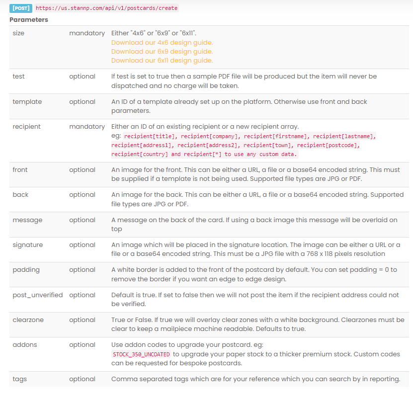How to send a postcard through API